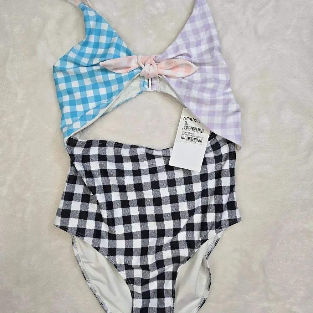 Nordstrom Gingham Print Cutout One-Piece Swimsuit size 12 Youth NWT